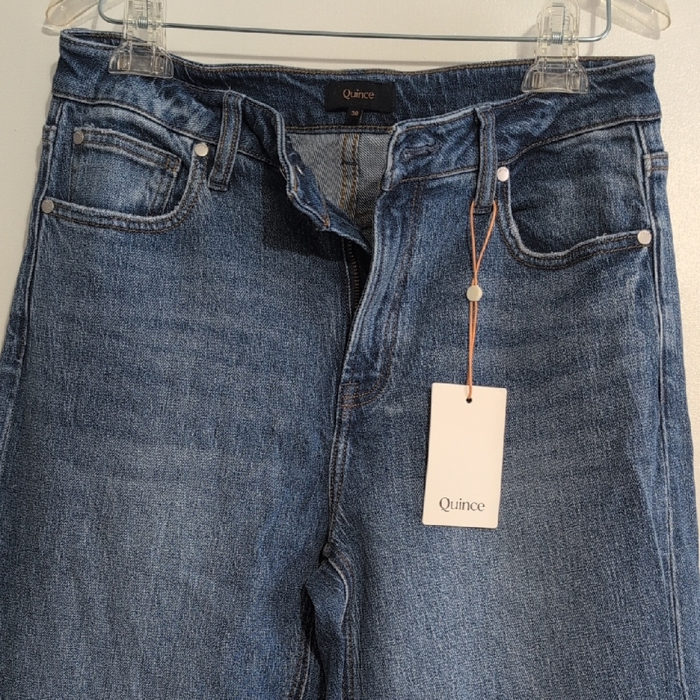 Quince Organic Cotton Bella Stretch Relaxed Straight Medium Blue Wide-Leg Jeans